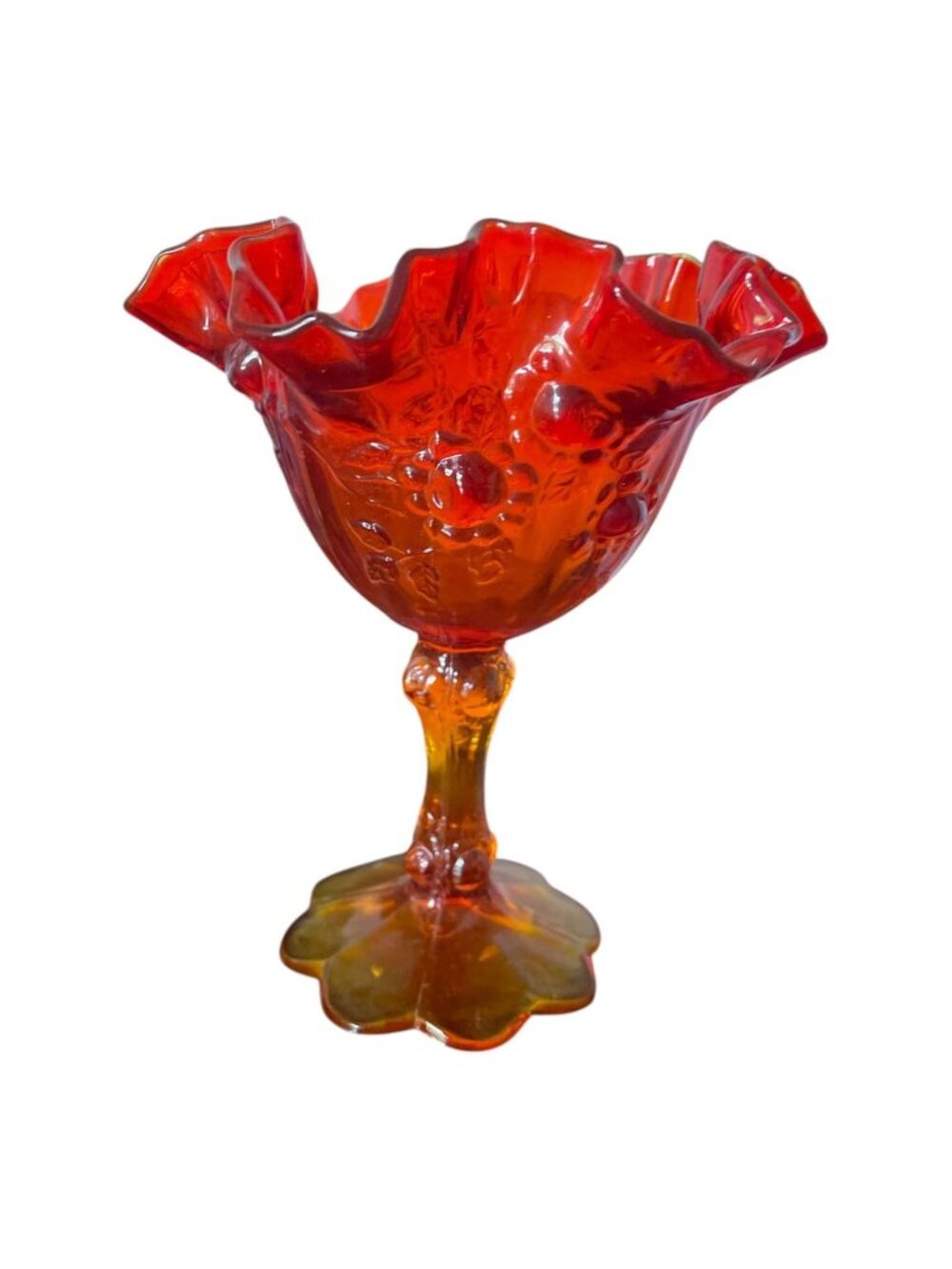 Fenton Amberina glass compote in the Cabbage Rose pattern Ruffled edge